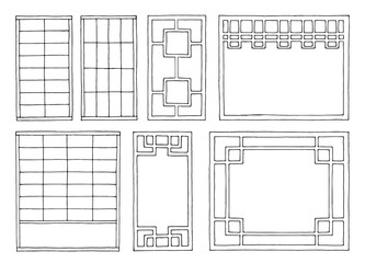 Asia window set graphic black white isolated sketch illustration vector