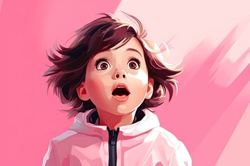 happy suprised cute little girl in pink illustration