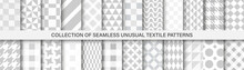 Collection Of Grey Textile Seamless Patterns - Geometric Delicate Design. Vector Repeatable Cloth Backgrounds. Monochrome Endless Prints