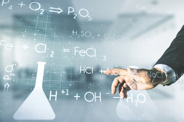 Poster - Double exposure of male hand presses on abstract virtual chemistry hologram on blurred office background, research and development concept