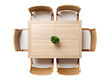 Overhead view of dining set with a wooden table, matching chairs, and decorative plant, evoking a warm, inviting ambiance. On transparent background. Cut out furniture. Top view