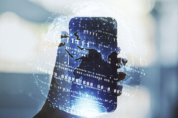Aufkleber - Multi exposure of abstract graphic coding sketch with world map and hand with mobile phone on background, big data and networking concept