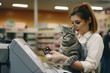 A woman is paying by credit card and holding a cat in a pet food store.