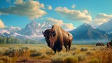 Fototapeta  - Create an evocative AI-rendered image that showcases a bison against the stunning Grand Teton Mountain range, with a foreground of vibrant grass. 