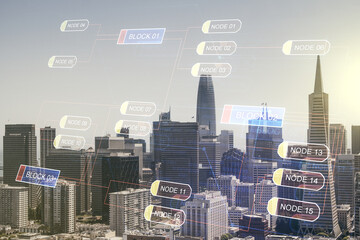 Poster - Double exposure of abstract creative programming illustration on San Francisco office buildings background, big data and blockchain concept