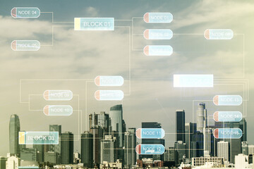 Poster - Double exposure of abstract creative programming illustration on Los Angeles office buildings background, big data and blockchain concept