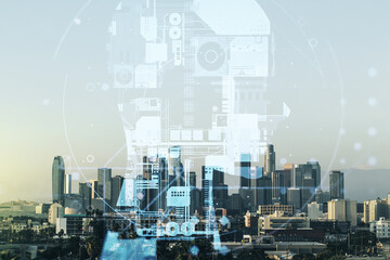 Poster - Double exposure of creative artificial Intelligence hologram on Los Angeles city skyscrapers background. Neural networks and machine learning concept