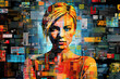 Collage-style colourful illustration. Pictures central figure made up of a myriad of digital screens. Screens create a woman face with blonde hair, background with copy space