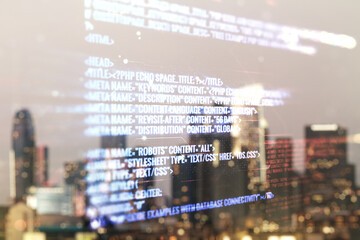 Poster - Abstract virtual coding illustration on blurry skyscrapers background, software development concept. Multiexposure