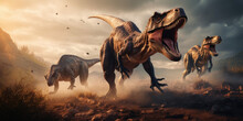 T-Rex In A Prehistoric Landscape, Surrounded By Diverse Dinosaurs.