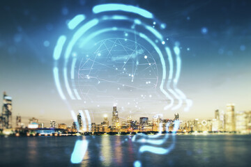 Poster - Abstract virtual artificial Intelligence interface with human head hologram on Chicago skyline background. Multiexposure