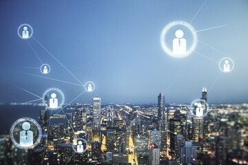 Aufkleber - Double exposure of social network icons hologram on Chicago office buildings background. Networking concept