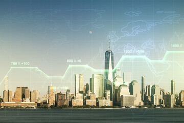 Poster - Abstract virtual analytics data spreadsheet on New York cityscape background, analytics and analysis concept. Multiexposure