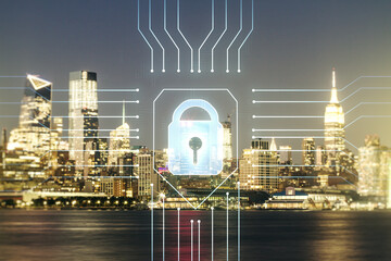 Poster - Virtual creative lock sketch with chip hologram on Manhattan office buildings background, protection of personal data concept. Multiexposure