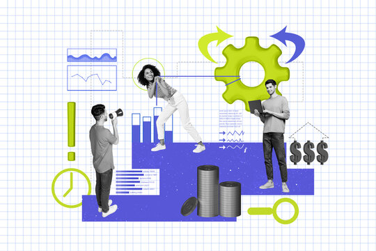 Collage of black white colors people communicate loudspeaker use netbook pull cogwheel gear trade earn money isolated on checkered background