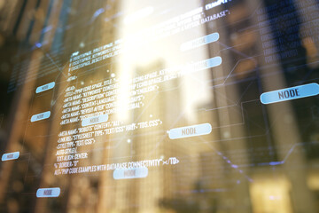Poster - double exposure of abstract programming language interface on modern skyscrapers background, researc