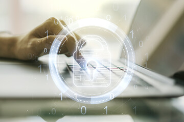 Poster - Creative idea concept with lock symbol and microcircuit illustration and hands typing on laptop on background. Protection and firewall concept. Multiexposure