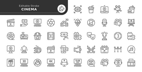 Set of line icons in linear style. Set - Cinema and film.Showing a movie in a cinema. Outline icon collection. Pictogram and infographic. Editable stroke.