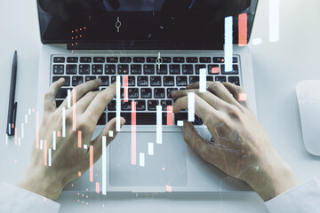 Poster - Multi exposure of abstract creative financial chart with hand typing on computer keyboard on background, research and analytics concept