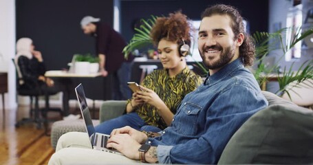 Poster - Businessman, face or laptop on couch for happy, cafe working or smartphone for online research in start up. Man, woman or portrait with headphones, email or stream music in entrepreneurship in agency