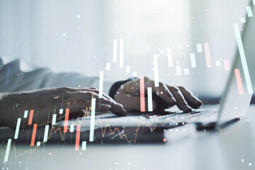 Poster - Multi exposure of abstract financial graph with hand typing on laptop on background, financial and trading concept