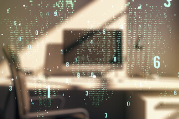 Poster - Multi exposure of abstract software development hologram with world map and modern desktop with laptop on background, global research and analytics concept