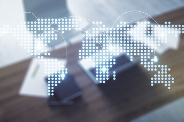 Aufkleber - Abstract creative world map with connections and modern desktop with computer on background, international trading concept. Multiexposure