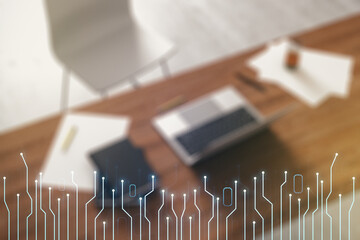 Aufkleber - Double exposure of circuit hologram and modern desktop with laptop on background. Research and development hardware concept