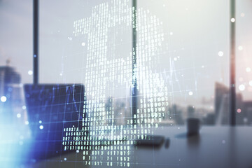 Poster - Double exposure of creative Bitcoin symbol and modern desktop with laptop on background. Cryptocurrency concept