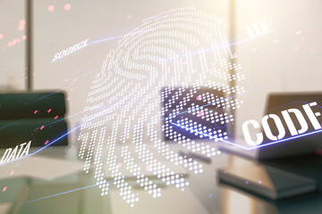 Aufkleber - Double exposure of abstract creative fingerprint hologram and modern desk with computer on background, protection of personal information concept