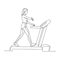 Wall Mural - Continuous single line sketch drawing of healthy woman run on treadmill machine. One line art of training gym sport exercise vector illustration