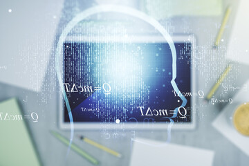 Aufkleber - Creative artificial Intelligence concept with human head hologram and modern digital tablet on background, top view. Multiexposure