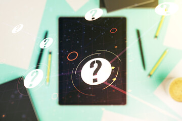 Aufkleber - Creative abstract question mark sketch and modern digital tablet on background, FAQ and research concept. Double exposure