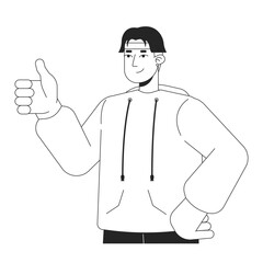 Poster - retro inspired gen z man giving thump up black and white 2d line cartoon character. handsome korean 