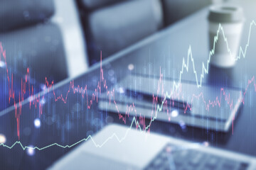 Poster - Double exposure of abstract creative financial chart on modern laptop background, research and strategy concept