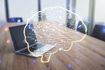 Aufkleber - Creative artificial Intelligence concept with human brain sketch on modern computer background. Double exposure