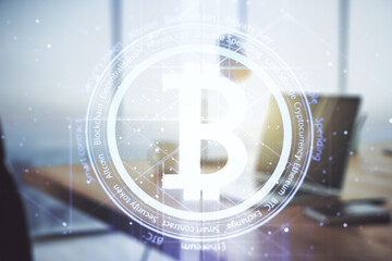 Poster - Double exposure of creative Bitcoin symbol hologram with computer on background. Mining and blockchain concept