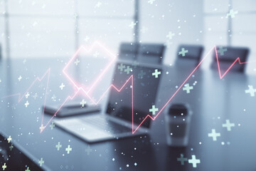 Poster - Creative abstract heart rate sketch on modern laptop background, Medicine and healthcare concept. Multiexposure