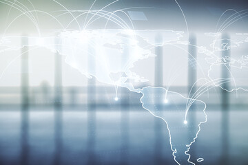Aufkleber - Double exposure of abstract digital world map hologram with connections on empty room interior background, big data and blockchain concept