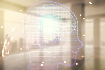 Aufkleber - Double exposure of creative human head microcircuit hologram on empty room interior background. Future technology and AI concept