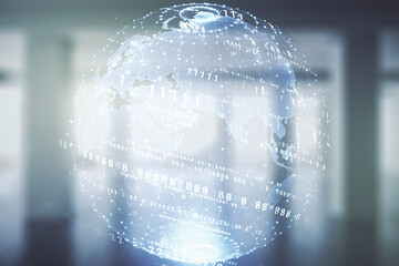 Aufkleber - Multi exposure of abstract graphic coding sketch and world map on modern interior background, big data and networking concept