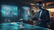 a businessman interacting with advanced augmented reality (AR) business interface utilizing holographic projections