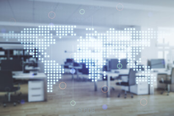 Poster - Multi exposure of abstract graphic world map on a modern furnished classroom background, big data and networking concept