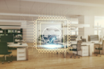 Aufkleber - Double exposure of creative artificial Intelligence interface on modern corporate office background. Neural networks and machine learning concept