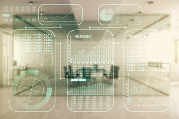 Poster - Double exposure of abstract creative statistics data hologram on a modern furnished office interior background, analytics and forecasting concept