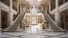 A Grand Entrance Hall With A Sweeping Staircase, Marble Columns, And A Dazzling Crystal Chandelier