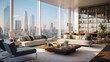 A high-rise apartment living room with floor-to-ceiling windows, city views, and modern furnishings