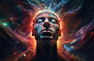 the human head with its energy in front of the galaxy and stars