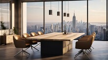 A Minimalist Conference Room Featuring A Polished Wooden Table, Leather Chairs, And Large Windows Overlooking A City Skyline