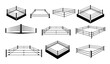 Boxing ring sport arena with ropes for fighting tournament monochrome line icon set isometric vector
